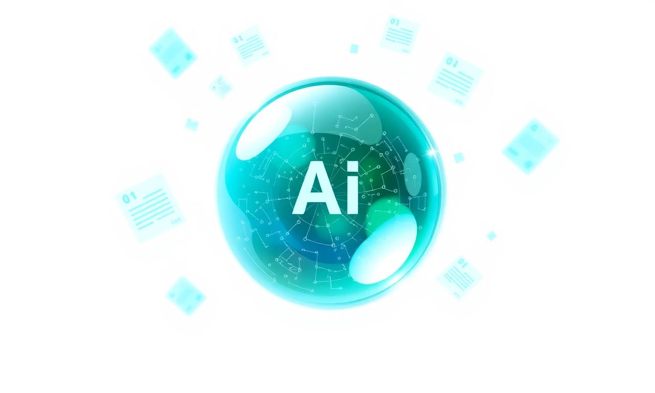 Illustration of a glowing translucent teal glass orb representing an AI assistant surrounded by floating recommendation cards