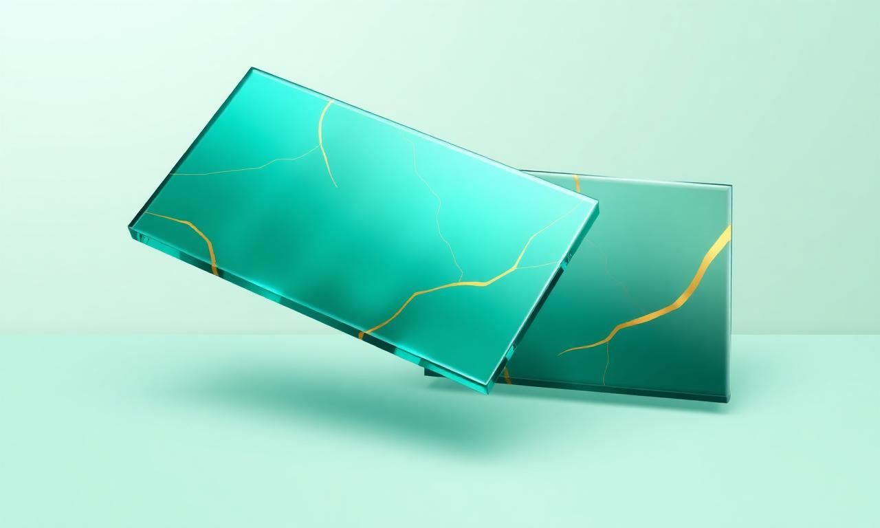 Premium translucent teal glass cards with golden accents floating on a mint gradient