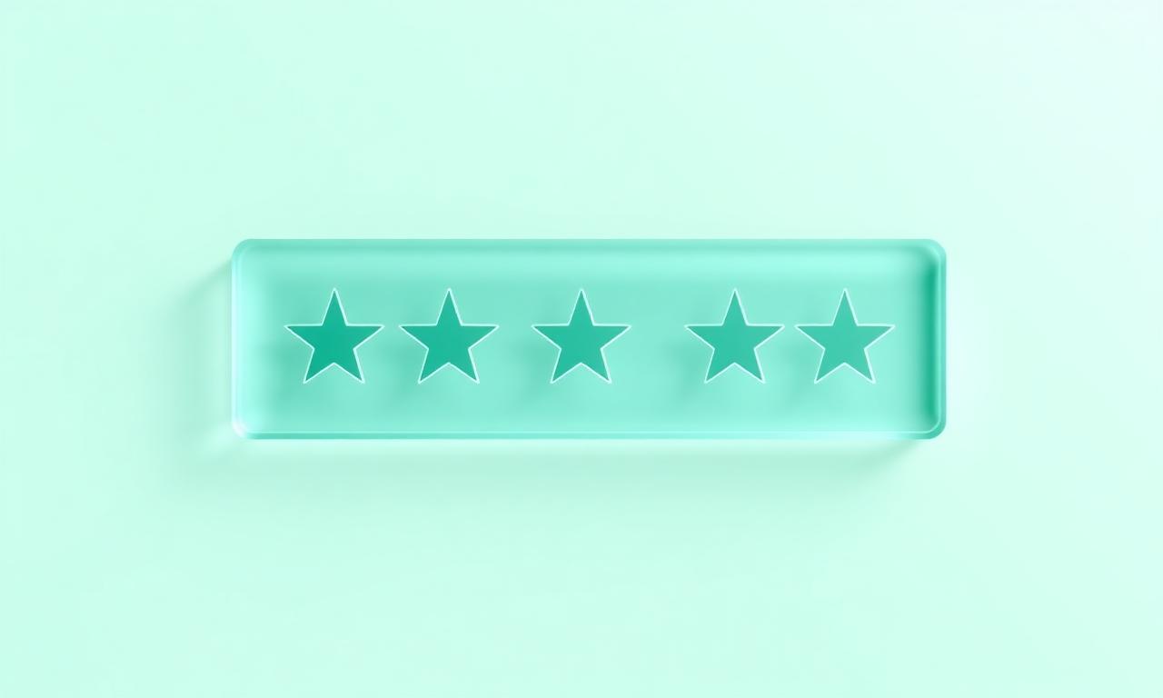 Translucent teal glass 5-star review card floating on a mint gradient