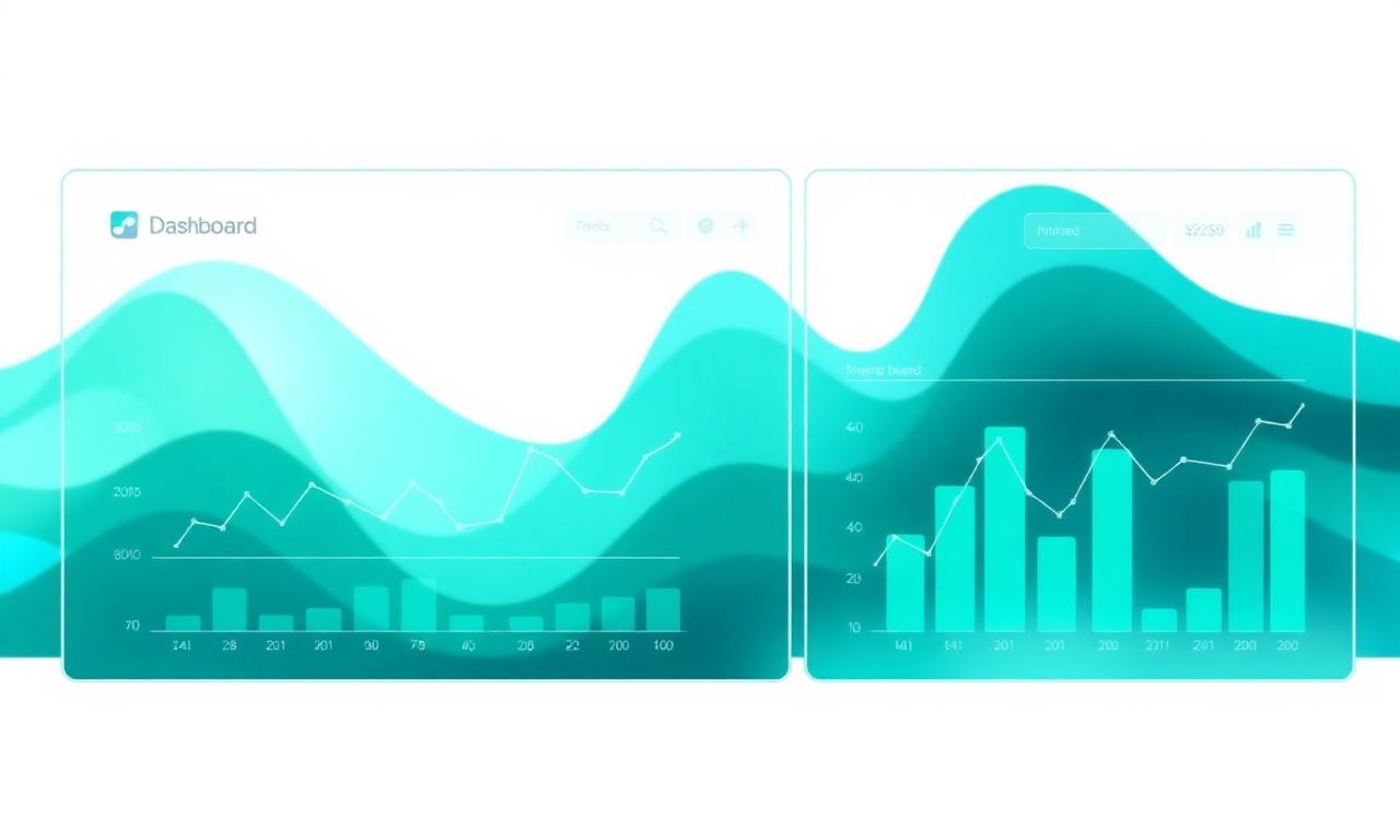 Illustration of glass dashboard panels with abstract teal charts representing AI startup statistics